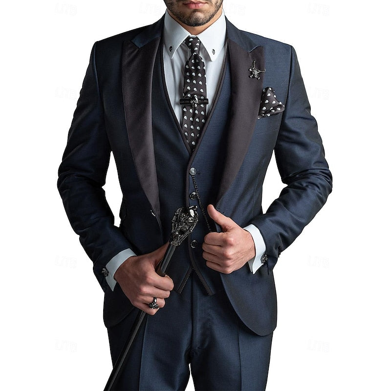 NOUVEAU RICHE Dreiteiliges Set Herren Blazer Weste Hose Stil Marineblau