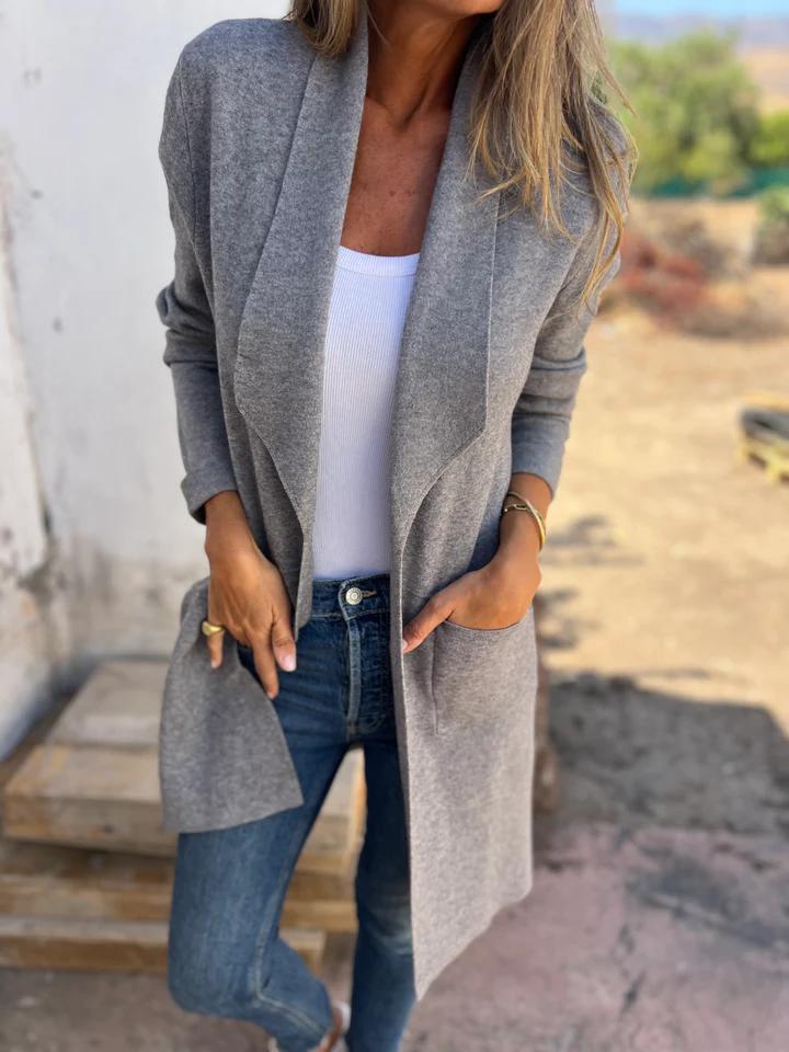 NOUVEAU RICHE Lässiger langer Cardigan – Lange Strickjacke Damen aus weichem, atmungsaktivem Stoff, 4 Farben, S–3XL – Mechi