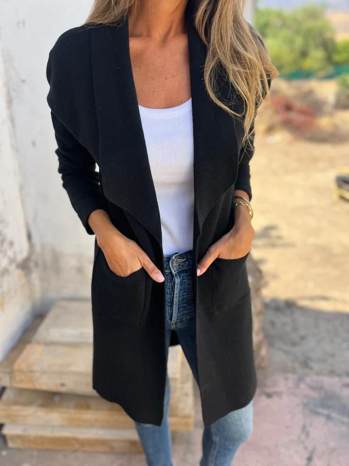 NOUVEAU RICHE Lässiger langer Cardigan – Lange Strickjacke Damen aus weichem, atmungsaktivem Stoff, 4 Farben, S–3XL – Mechi Schwarz
