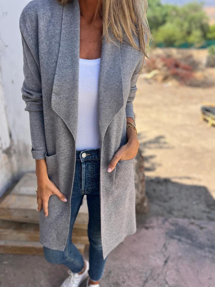 NOUVEAU RICHE Lässiger langer Cardigan – Lange Strickjacke Damen aus weichem, atmungsaktivem Stoff, 4 Farben, S–3XL – Mechi