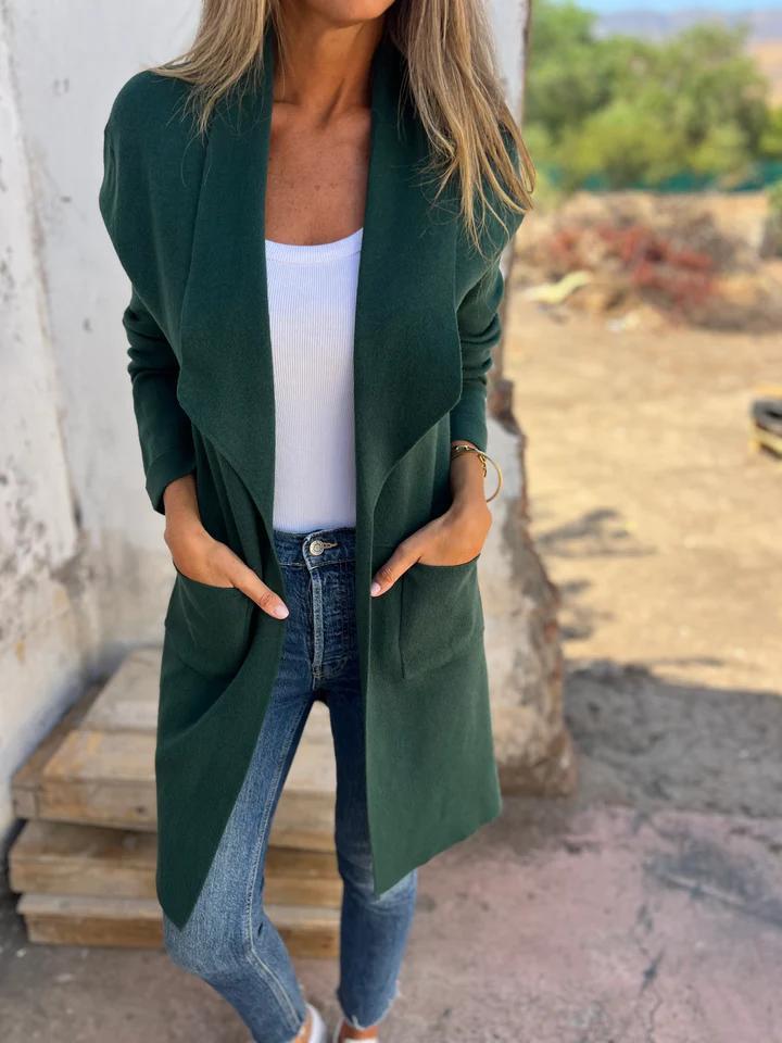 NOUVEAU RICHE Lässiger langer Cardigan – Lange Strickjacke Damen aus weichem, atmungsaktivem Stoff, 4 Farben, S–3XL – Mechi