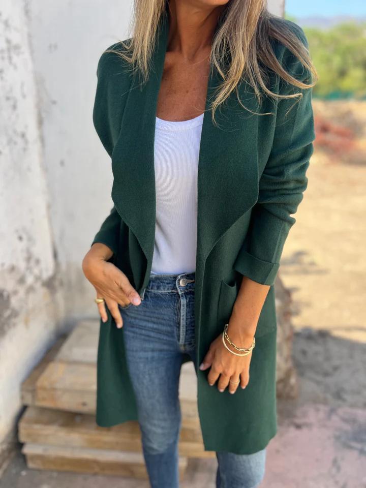 NOUVEAU RICHE Lässiger langer Cardigan – Lange Strickjacke Damen aus weichem, atmungsaktivem Stoff, 4 Farben, S–3XL – Mechi Dunkelgrün