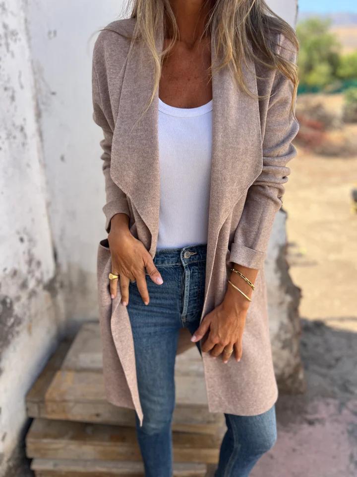 NOUVEAU RICHE Lässiger langer Cardigan – Lange Strickjacke Damen aus weichem, atmungsaktivem Stoff, 4 Farben, S–3XL – Mechi Aprikose