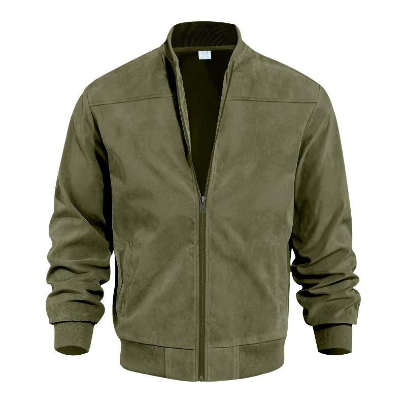 NOUVEAU RICHE Vintage Wildlederjacke für Herren mit Stehkragen für stilvolle Freizeitoutfits und besonderen Anlässe Armeegrün