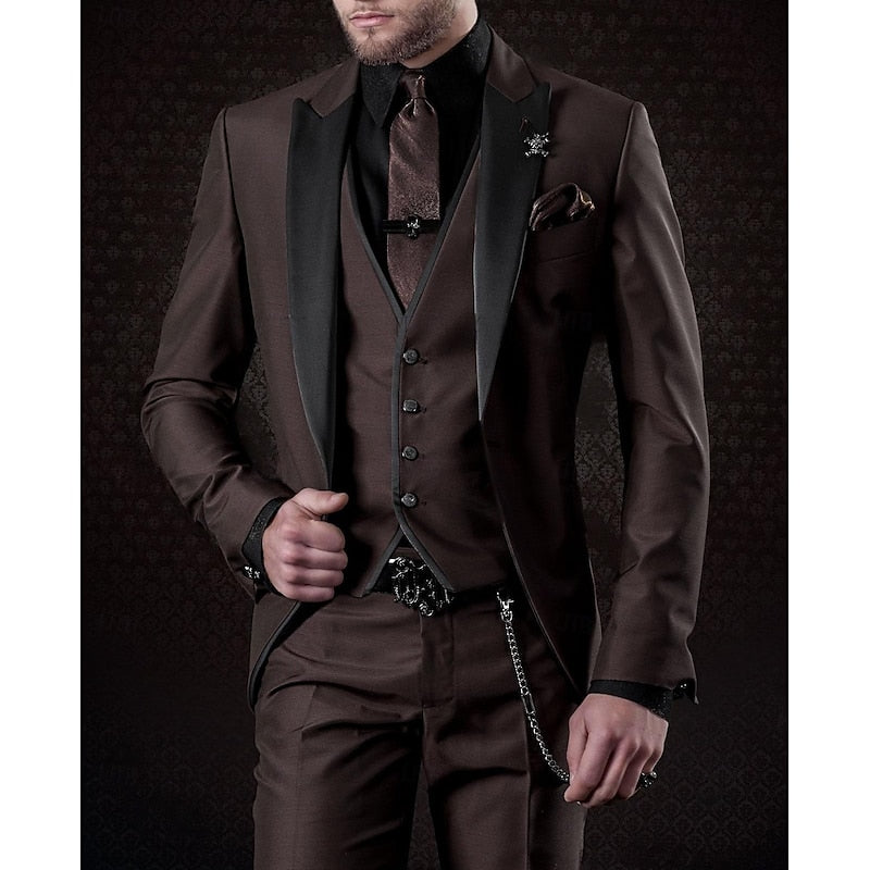 NOUVEAU RICHE Dreiteiliges Set Herren Blazer Weste Hose Stil Kaffee