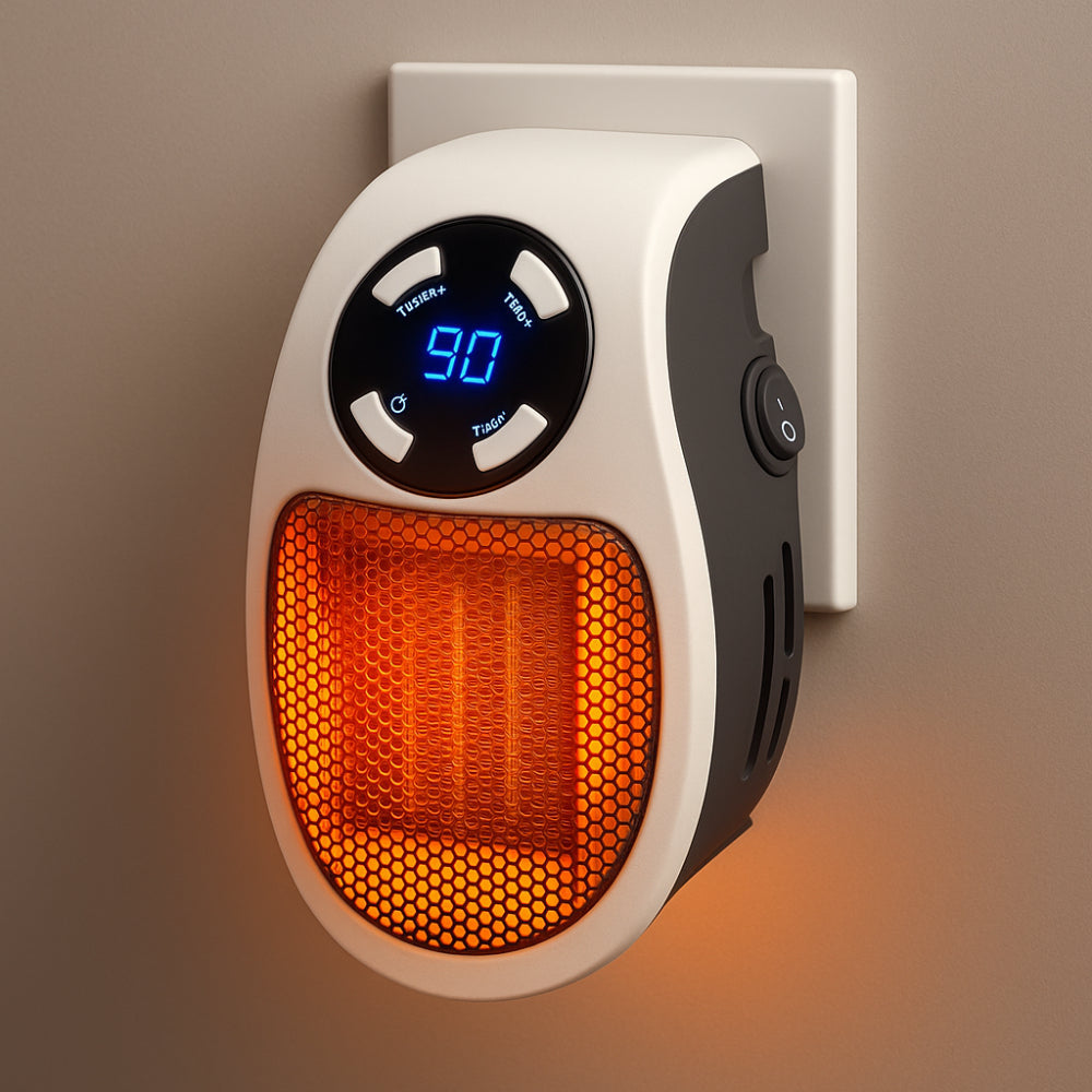 NOUVEAU RICHE Steckdosen Heizlüfter 350W – Mini Keramik Heizung mit Thermostat, Timer 1-12 Std. & LED-Display, für Bad & Büro