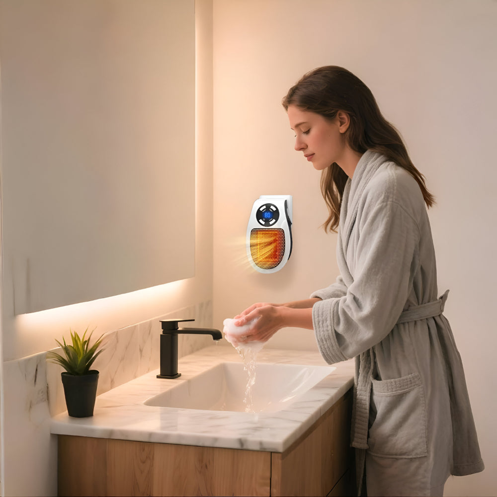 NOUVEAU RICHE Steckdosen Heizlüfter 350W – Mini Keramik Heizung mit Thermostat, Timer 1-12 Std. & LED-Display, für Bad & Büro