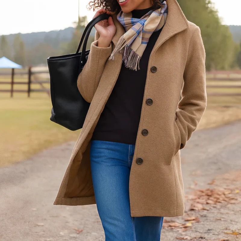 NOUVEAU RICHE Lässiger Mantel mit Knopfleiste – Damen Mantel mit entspannter Passform & Platz für Schichten, 6 Farben, S–3XL – Amore Khaki