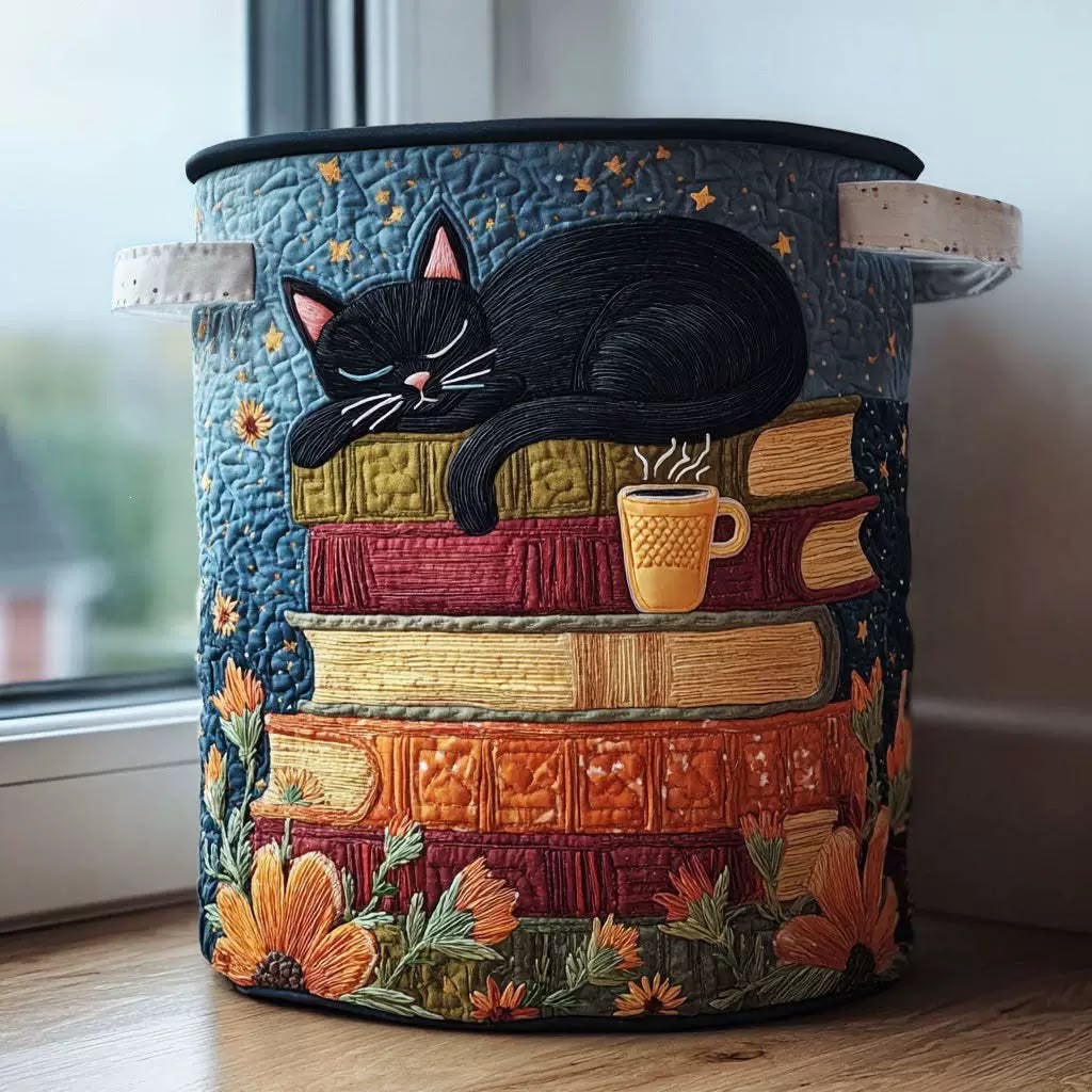 NOUVEAU RICHE Gesteppter Wäschekorb mit Katzen – Bramble Stoff-Wäschesammler, freistehend, faltbar, Canvas-Griffe, 3 Grössen