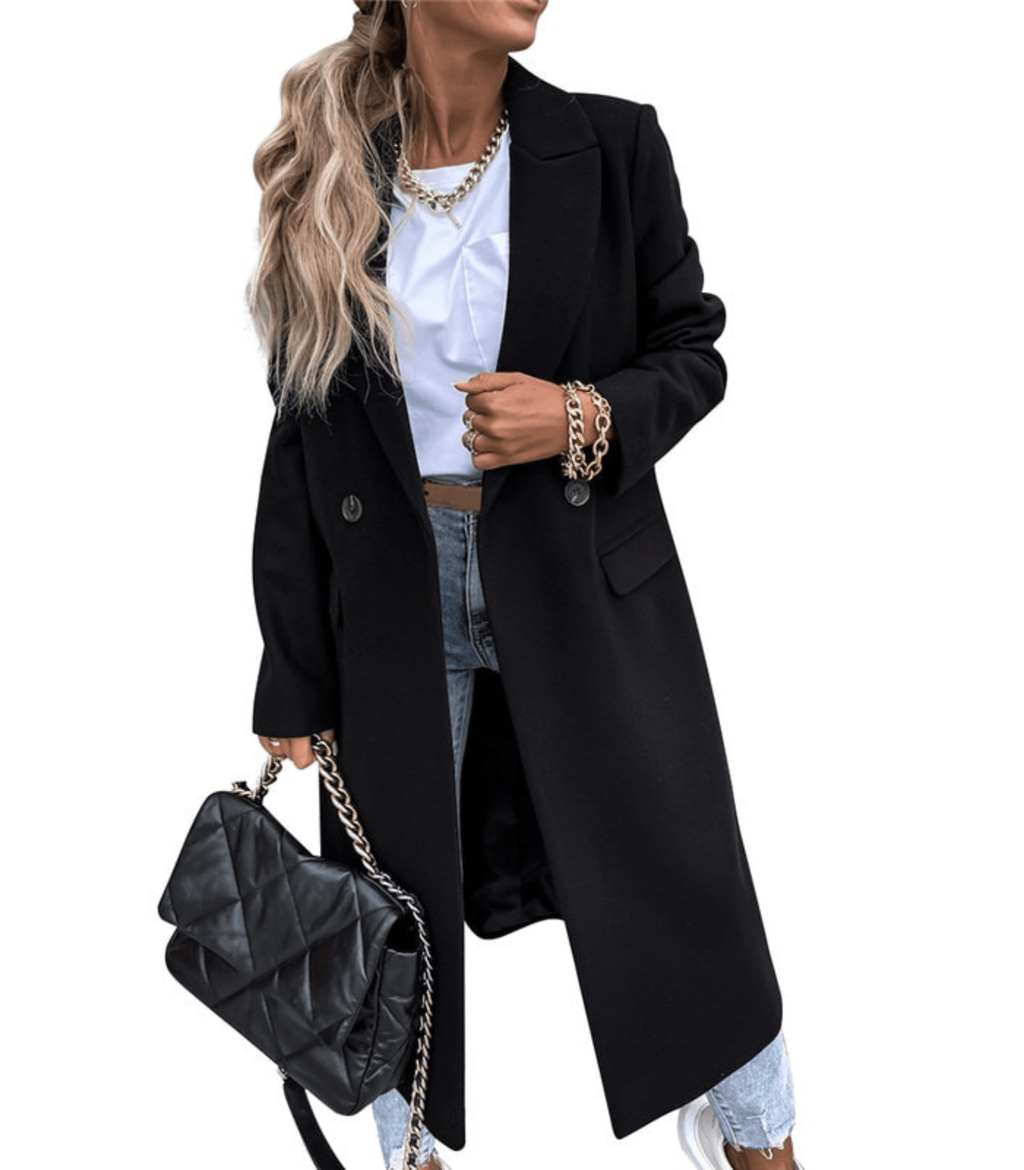 NOUVEAU RICHE Wollmantel Mit Taschen Und Knöpfen Warm Und Stilvoll - Winterjacke - Wintermäntel Damen Schwarz