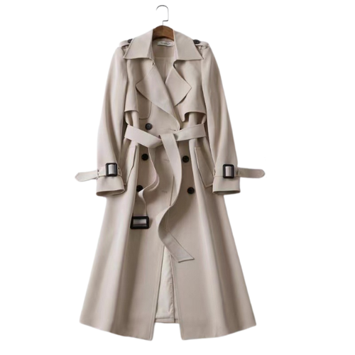 NOUVEAU RICHE Damen Eleganter Lange Damenmantel Doppelknöpfen Trenchcoat Beige