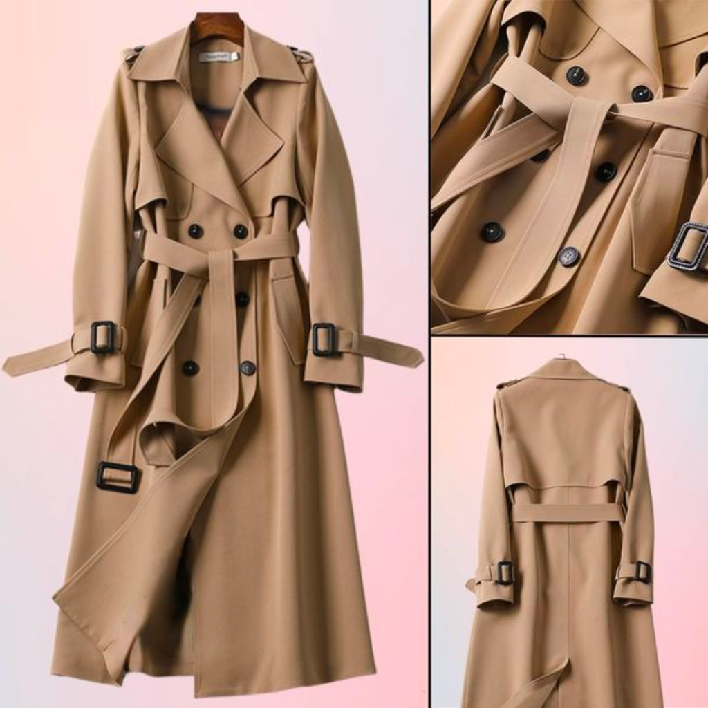 NOUVEAU RICHE Damen Eleganter Lange Damenmantel Doppelknöpfen Trenchcoat