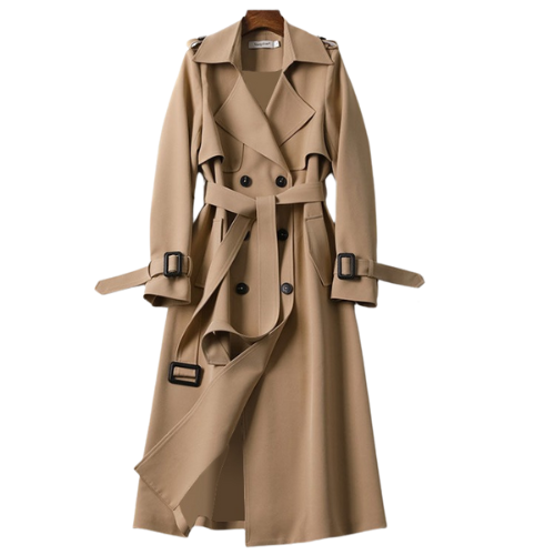 NOUVEAU RICHE Damen Eleganter Lange Damenmantel Doppelknöpfen Trenchcoat Khaki