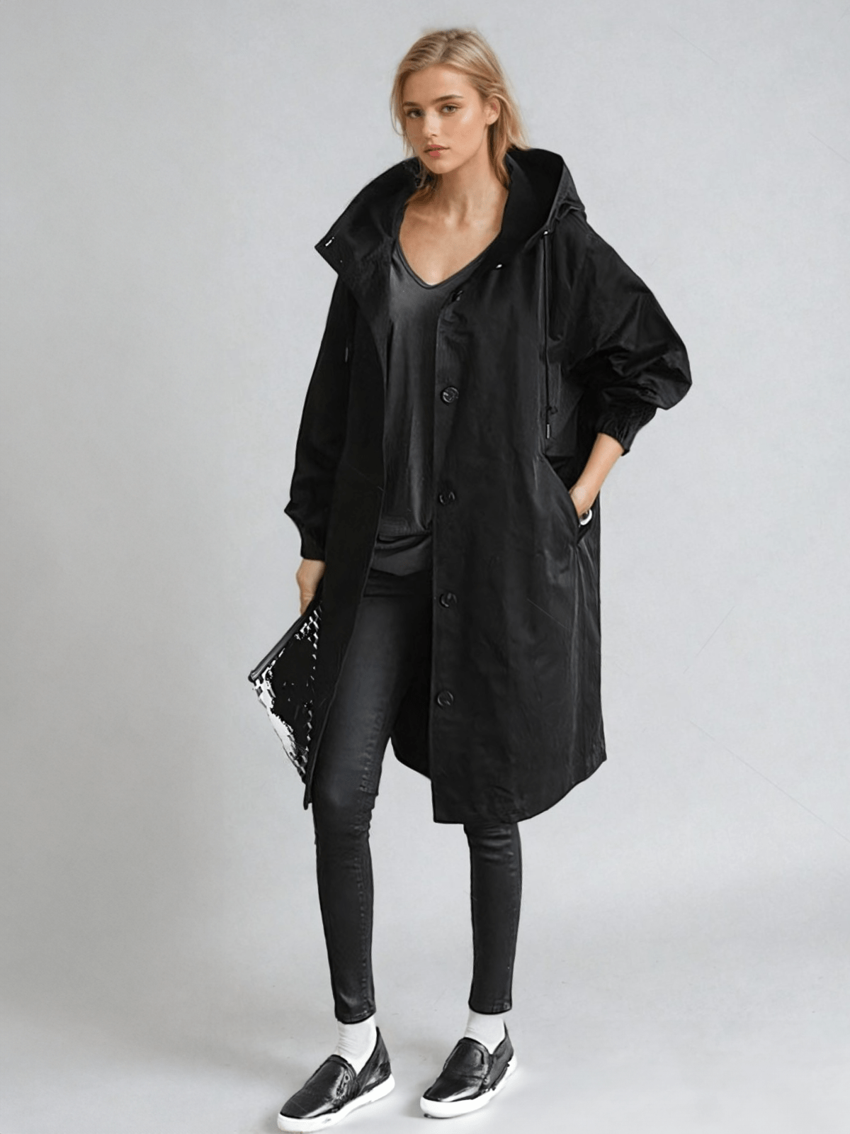 NOUVEAU RICHE Elizabeth | Dame Wasserabweisender Trenchcoat mit Gürtel - Eleganter Übergangsmantel & Windbreaker Schwarz