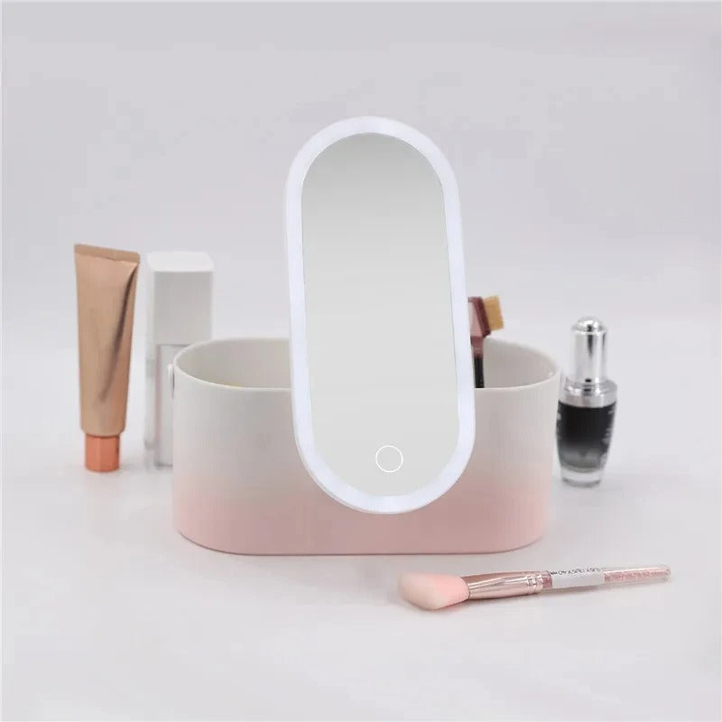 NOUVEAU RICHE Make-up Koffer mit LED-Spiegel – Reise-Kosmetikkoffer mit Licht und verstellbaren Fächern, Pink, Weiss oder Farbverlauf – Lumivault