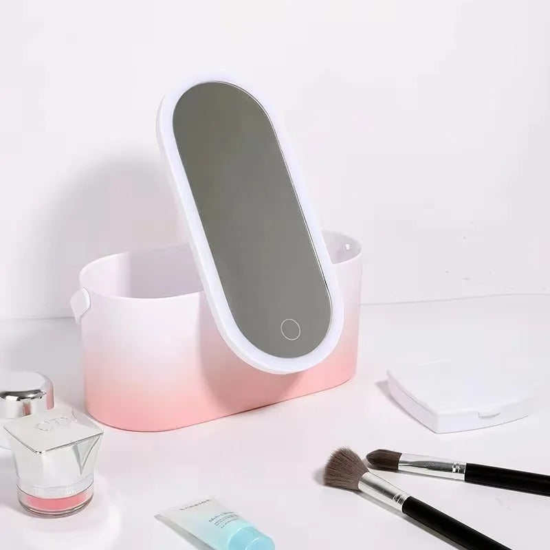 NOUVEAU RICHE Make-up Koffer mit LED-Spiegel – Reise-Kosmetikkoffer mit Licht und verstellbaren Fächern, Pink, Weiss oder Farbverlauf – Lumivault