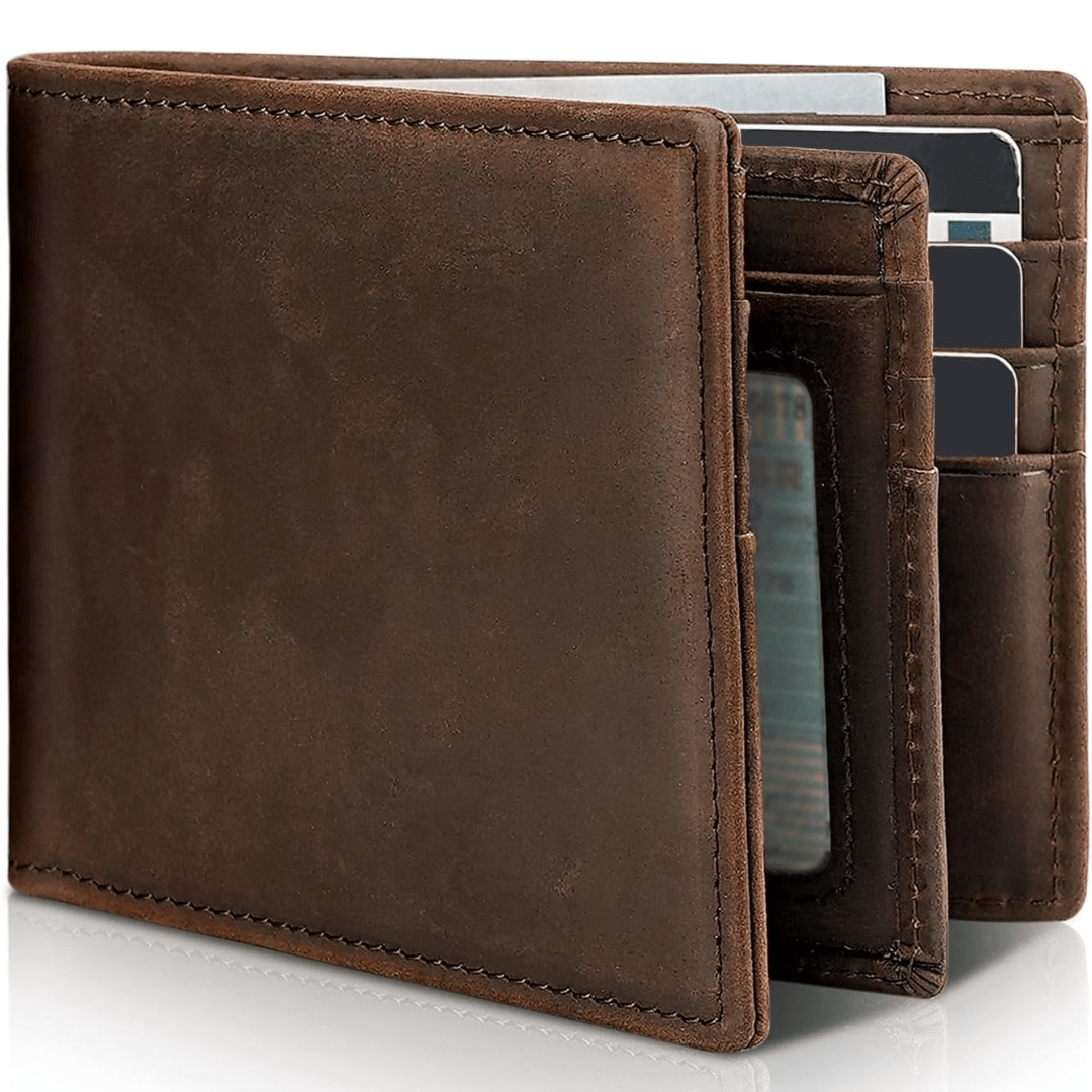 NOUVEAU RICHE Hommes | Herren Bifold Echtleder RFID-Blocking Geldbörse Dunkles Kaffeebraun