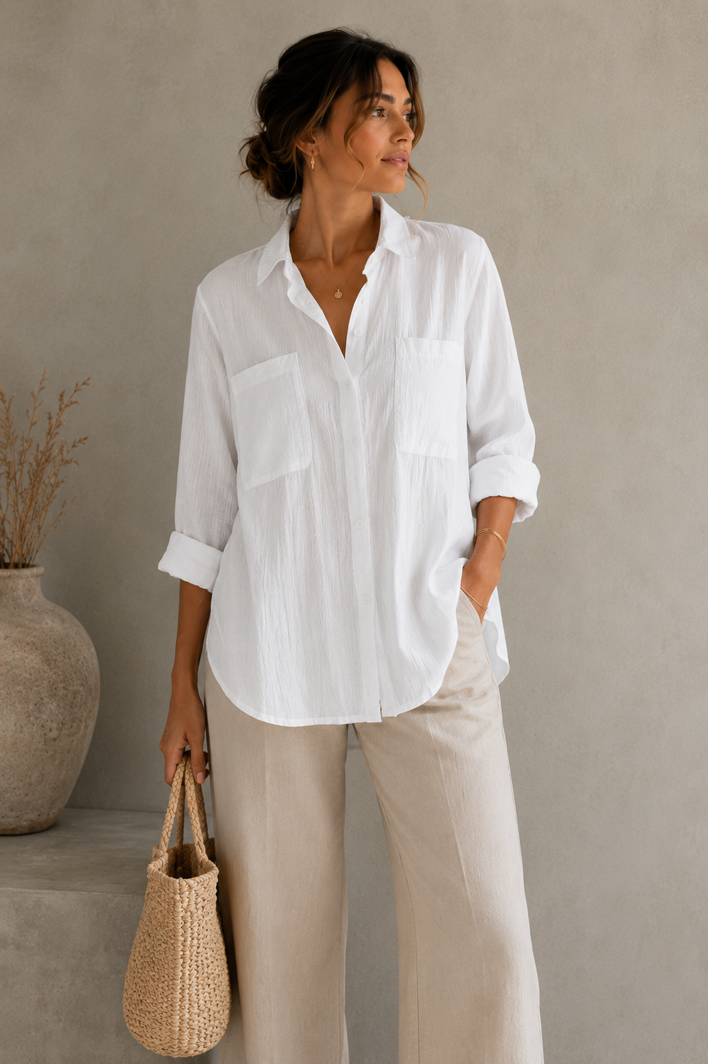 Camisa de linho para senhora de manga comprida – Corte solto com abotoamento frontal