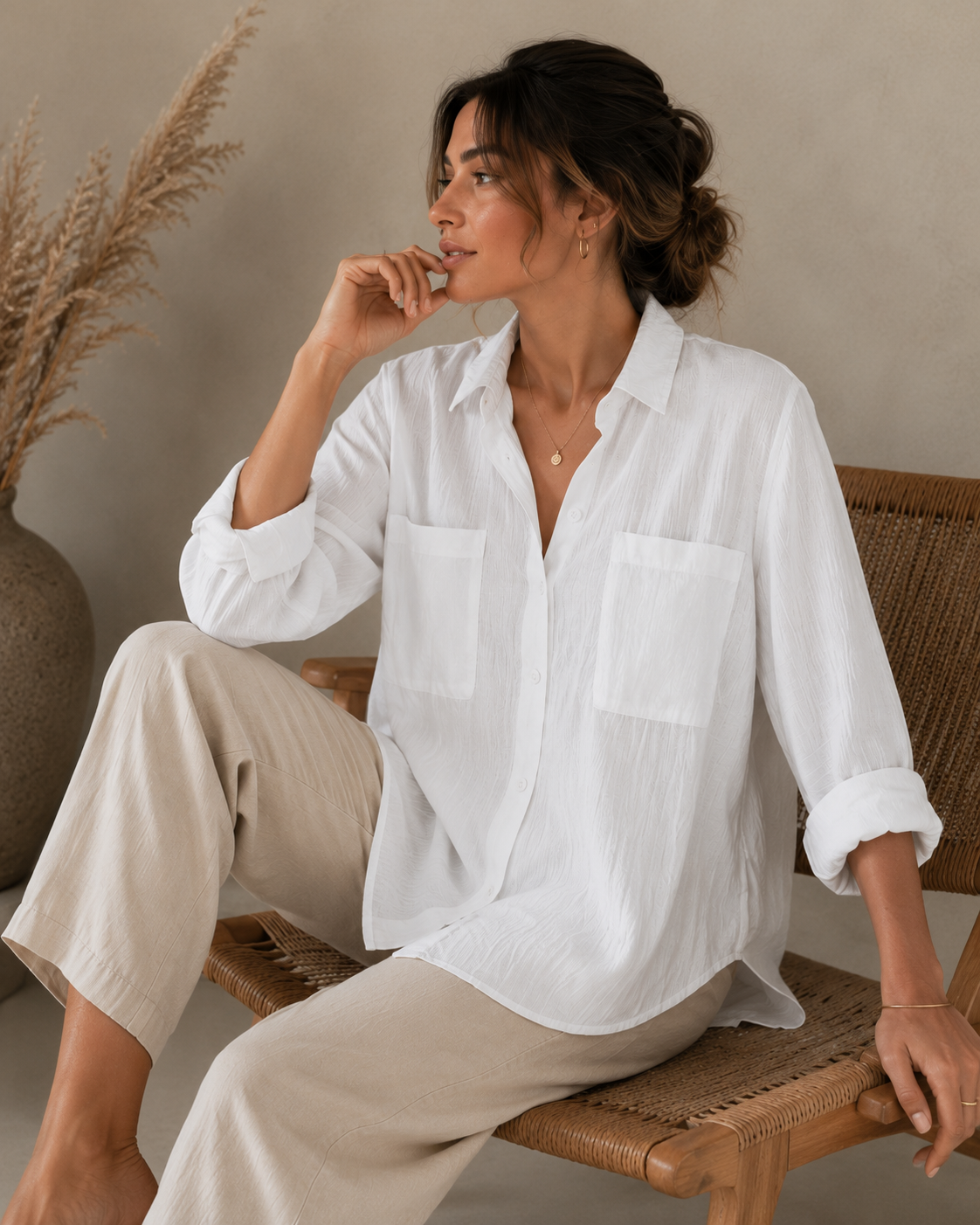 Camisa de linho para senhora de manga comprida – Corte solto com abotoamento frontal