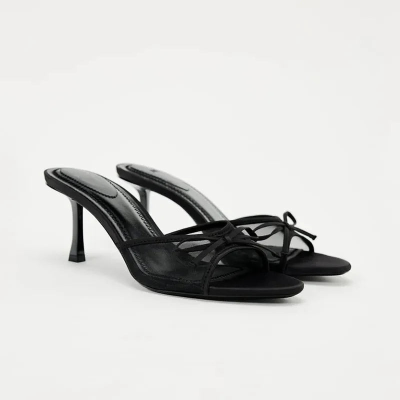NOUVEAU RICHE Damen Slip-On-Sandalen Absätze Schleife Bequem Elegant Leicht Schwarz