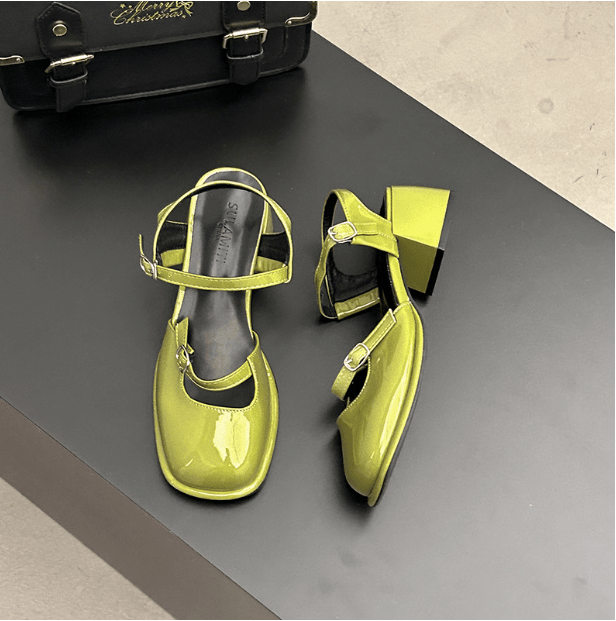 NOUVEAU RICHE Damen Vintage Blockabsatz-Sandalen Quadratisches Design Grün