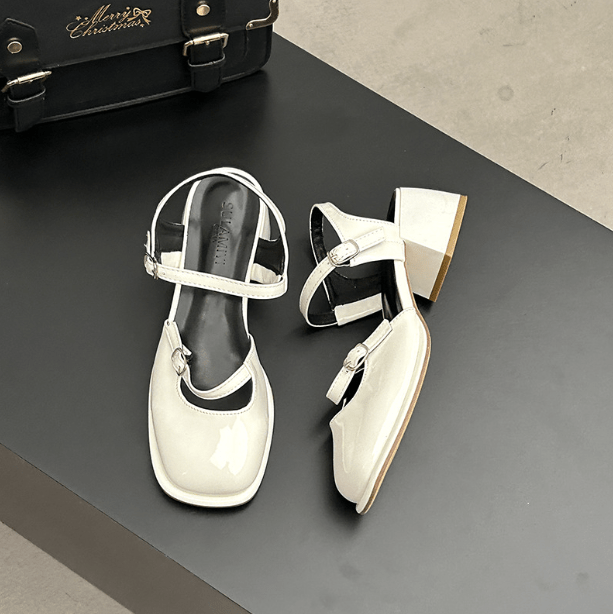 NOUVEAU RICHE Damen Vintage Blockabsatz-Sandalen Quadratisches Design Weiß