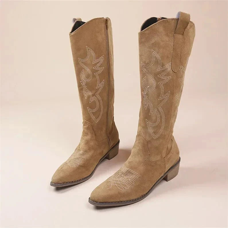 NOUVEAU RICHE Damen Knielange Cowboystiefel Gestickten Details Schnitt Klassisch Dunkelbraun
