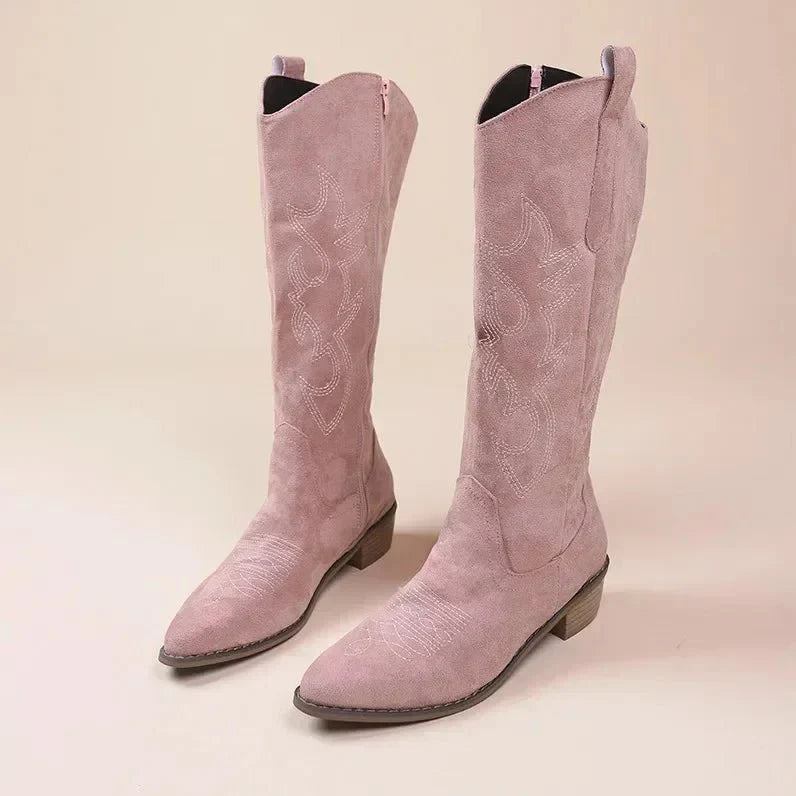 NOUVEAU RICHE Damen Knielange Cowboystiefel Gestickten Details Schnitt Klassisch Rosa