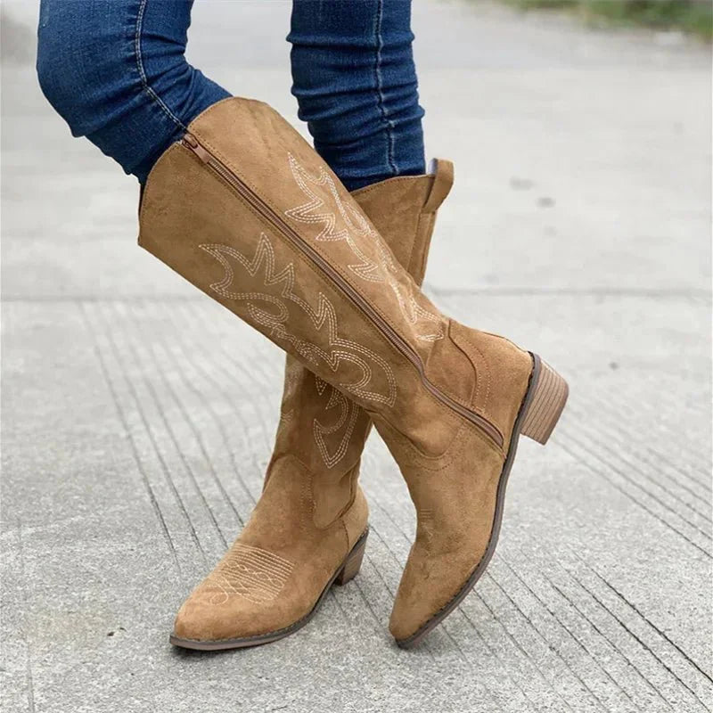 NOUVEAU RICHE Damen Knielange Cowboystiefel Gestickten Details Schnitt Klassisch
