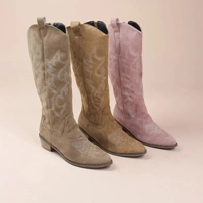 NOUVEAU RICHE Damen Knielange Cowboystiefel Gestickten Details Schnitt Klassisch