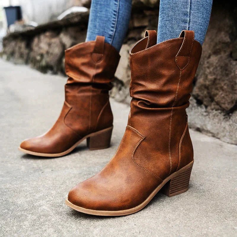 NOUVEAU RICHE Damen Knitterstiefel Weiche Knitteroptik Bequemer Absatz