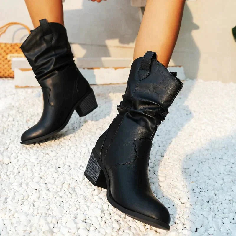 NOUVEAU RICHE Damen Knitterstiefel Weiche Knitteroptik Bequemer Absatz Schwarz