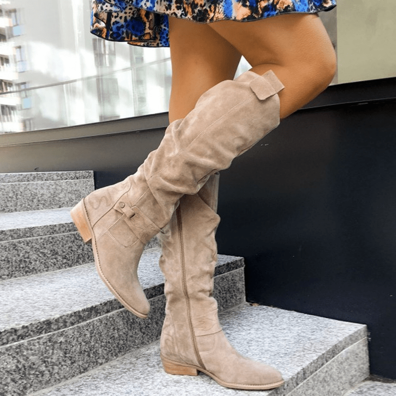 NOUVEAU RICHE Damen Kniehohe Stiefel Kniehoher Schnitt Robuste Sohle Beige