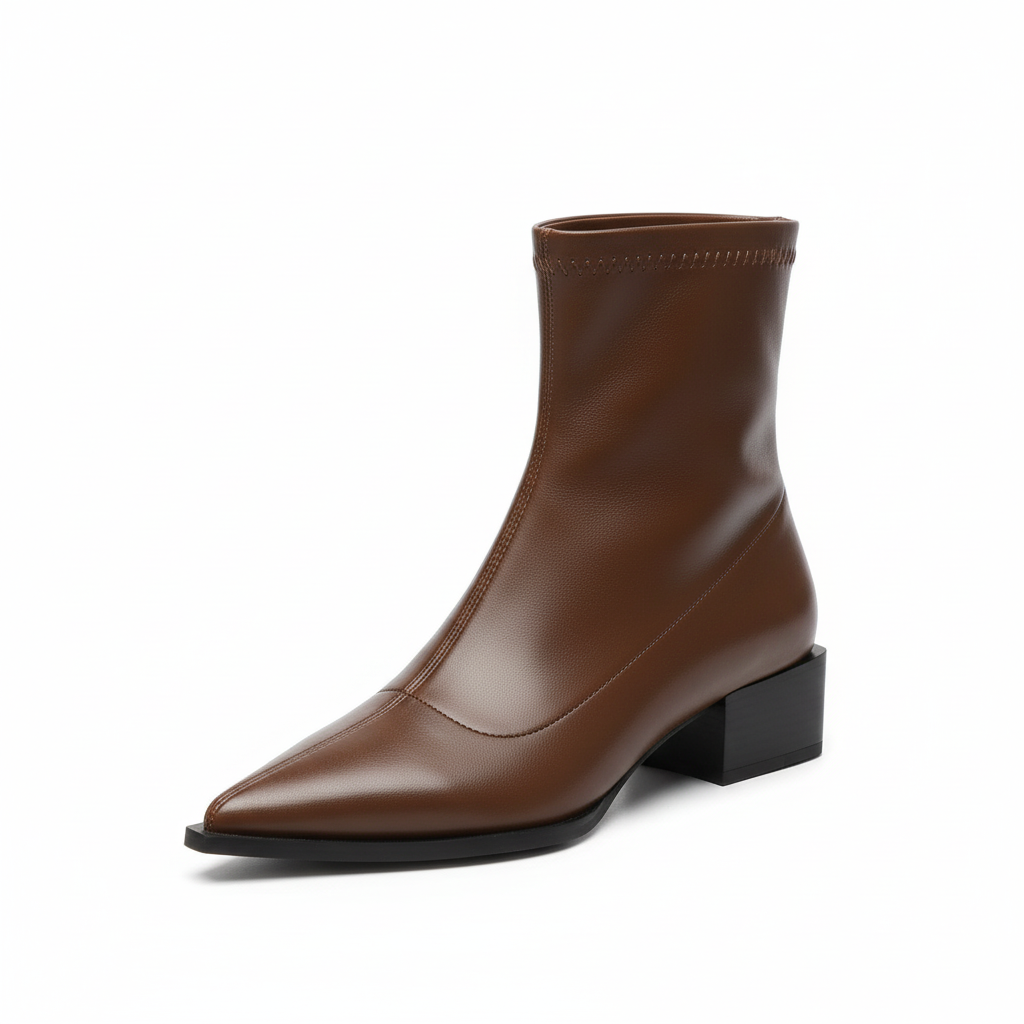 NOUVEAU RICHE Damen Spitze Zehenpartie Zulaufende Stiefeletten Blockabsatz Braun