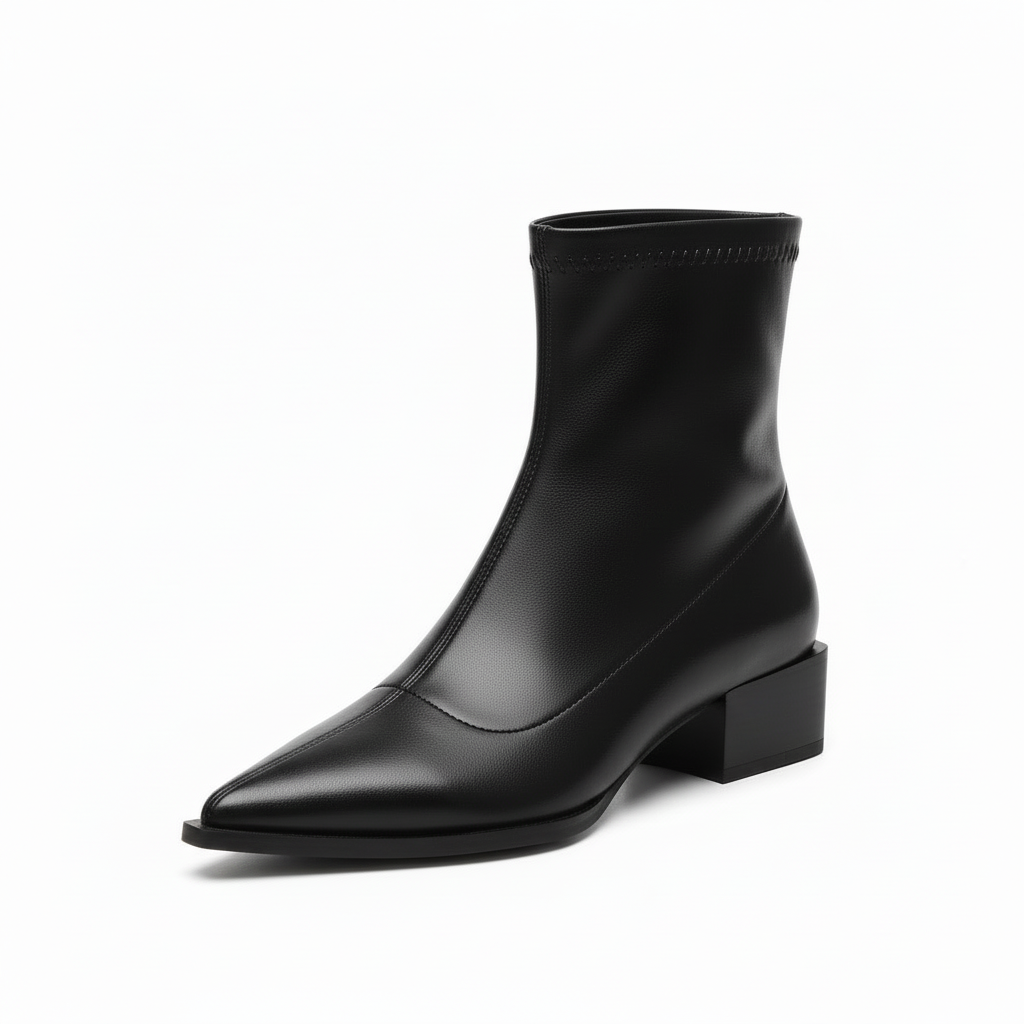 NOUVEAU RICHE Damen Spitze Zehenpartie Zulaufende Stiefeletten Blockabsatz Schwarz