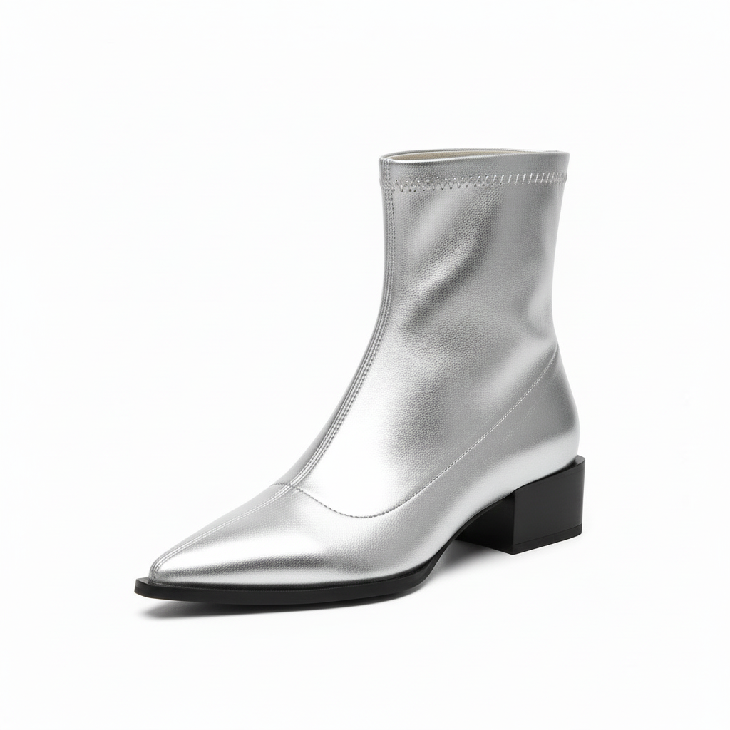 NOUVEAU RICHE Damen Spitze Zehenpartie Zulaufende Stiefeletten Blockabsatz Silber