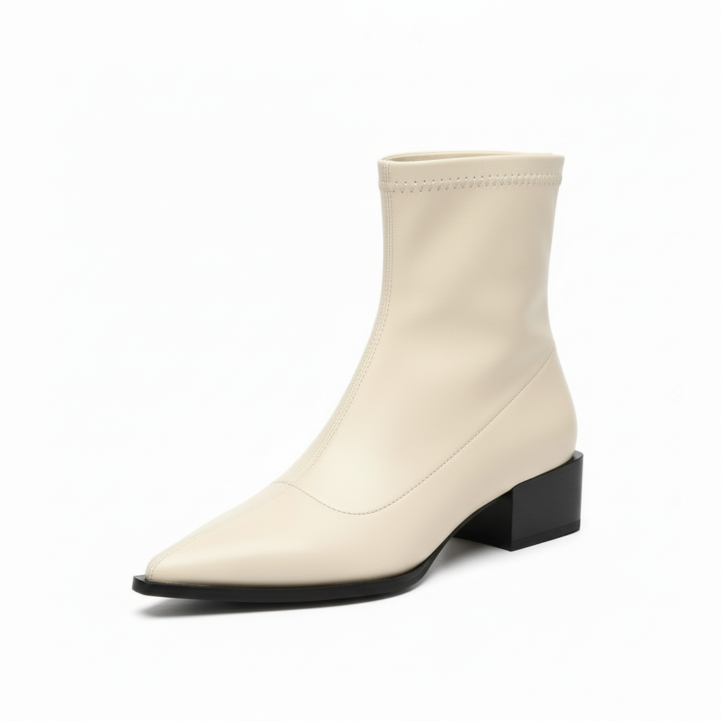 NOUVEAU RICHE Damen Spitze Zehenpartie Zulaufende Stiefeletten Blockabsatz Cremeweiß