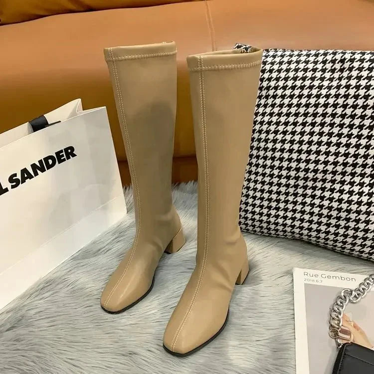 NOUVEAU RICHE Damen Kniehohe Blockabsatz Stiefel Stilvoll Komfort Khaki