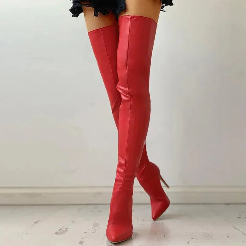 NOUVEAU RICHE Damen Oberschenkelhohe Stiletto Stiefel Schlank Länge Rot