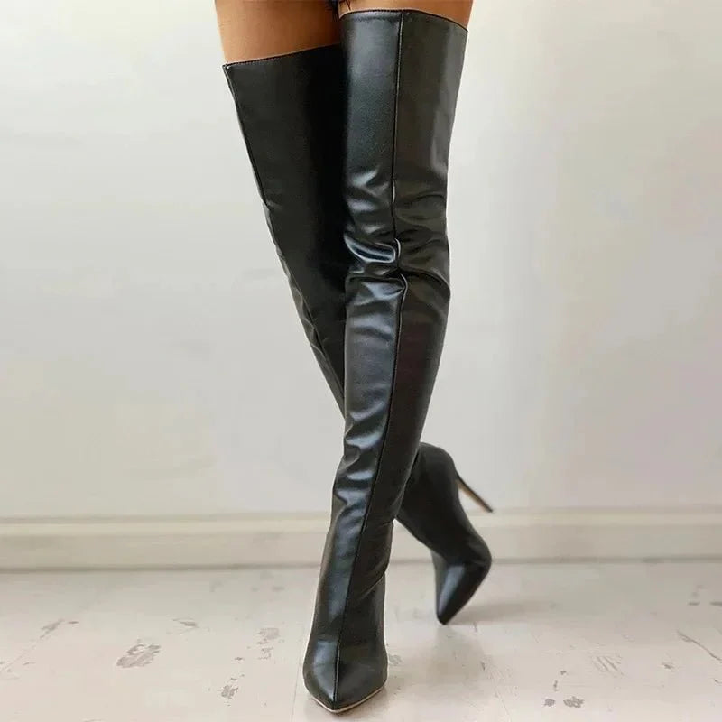 NOUVEAU RICHE Damen Oberschenkelhohe Stiletto Stiefel Schlank Länge Schwarz