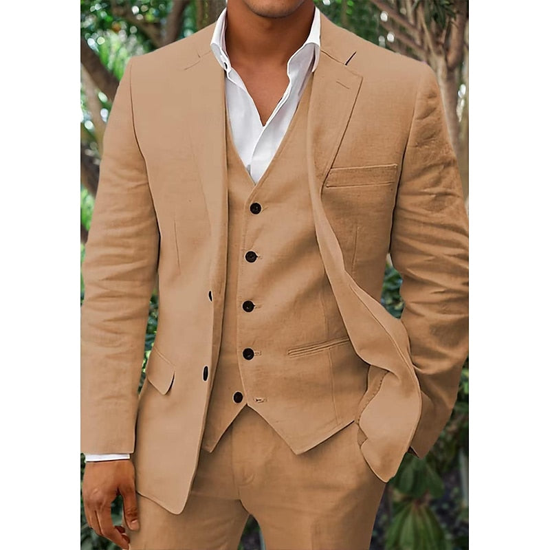 NOUVEAU RICHE Dreiteiliges Leinen Set Herren Blazer Weste Hose Komfort Khaki