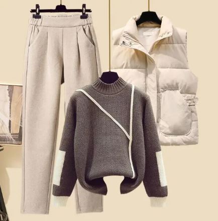 NOUVEAU RICHE 3-Teiliges Set Hose Dicke Weste Pullover Bequemer Stil Pullover in Beige und Dunkelgrau