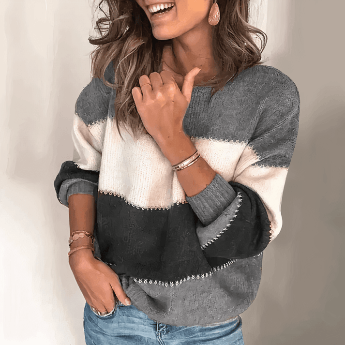 NOUVEAU RICHE Damen Pullover Lockerer Gestreifter Streifenpullover Grau