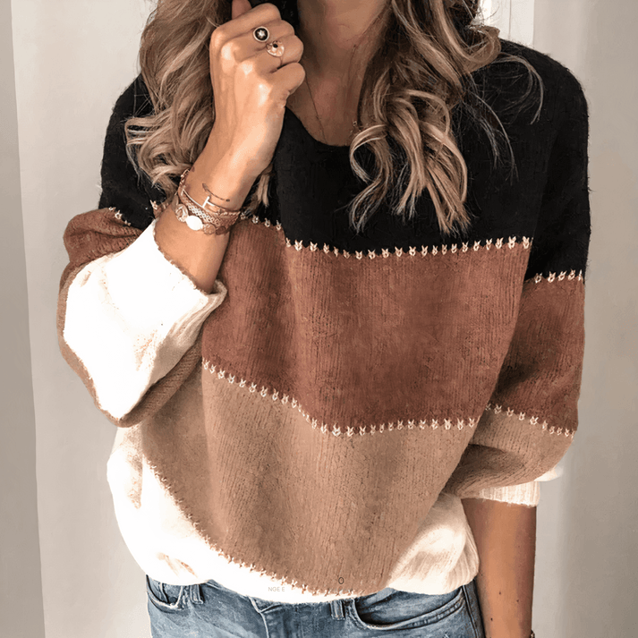 NOUVEAU RICHE Damen Pullover Lockerer Gestreifter Streifenpullover Braun
