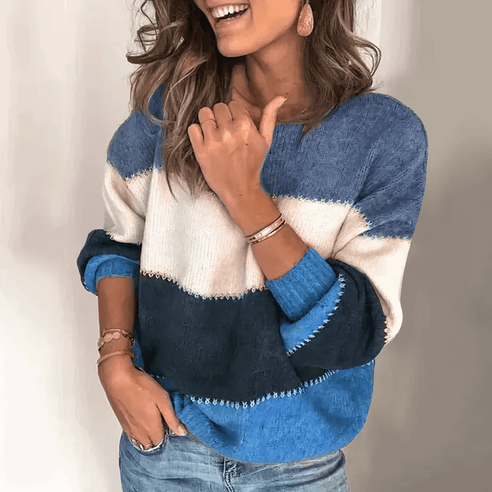 NOUVEAU RICHE Damen Pullover Lockerer Gestreifter Streifenpullover Blau