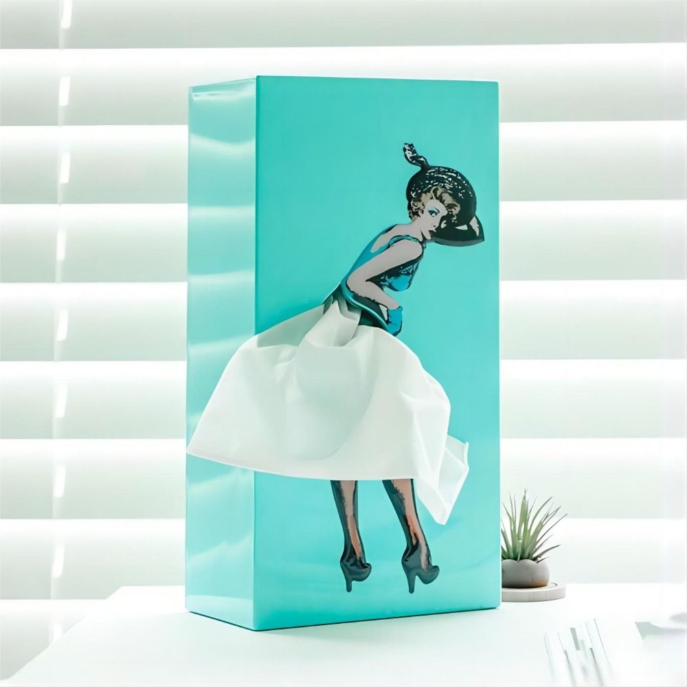 NOUVEAU RICHE Flying-Skirt Taschentuchbox – Lustige Kosmetiktuchbox mit fliegendem Rock, kreative Deko, 6 Farben Blau
