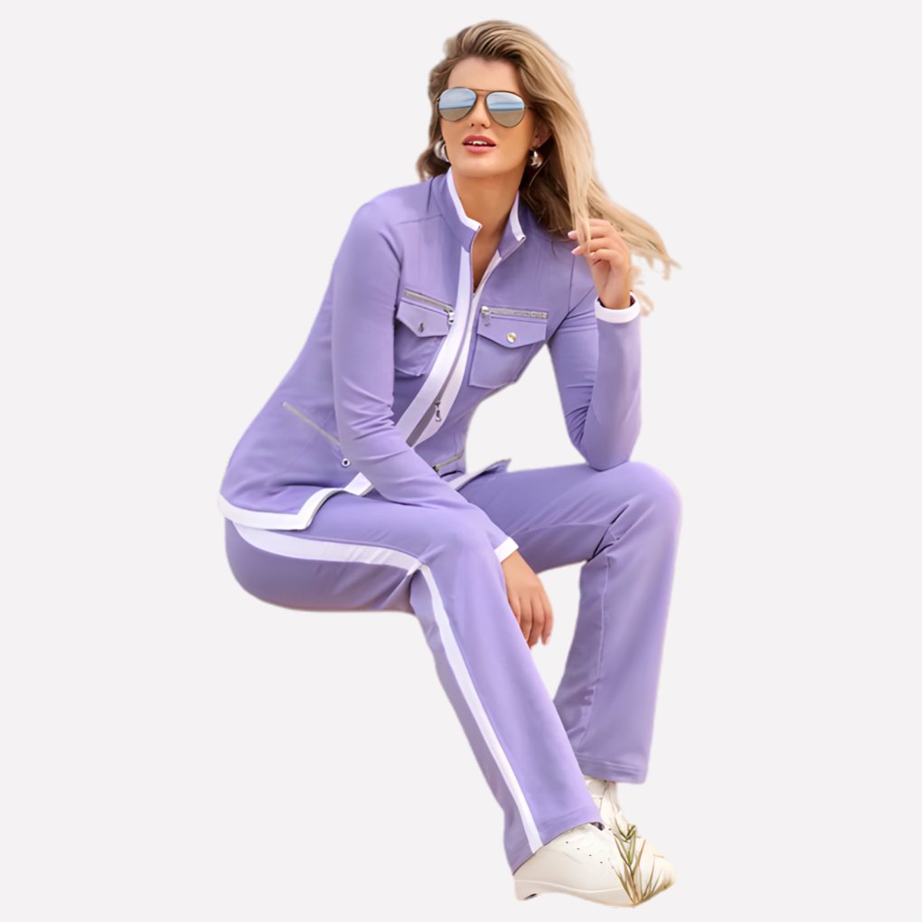 NOUVEAU RICHE Trainingsanzug Damen – Zweiteiliges Jogginganzug-Set mit Zipjacke & Hose, Kontrastpaspel, Stretch, 6 Farben, S-2XL – Roque Lila