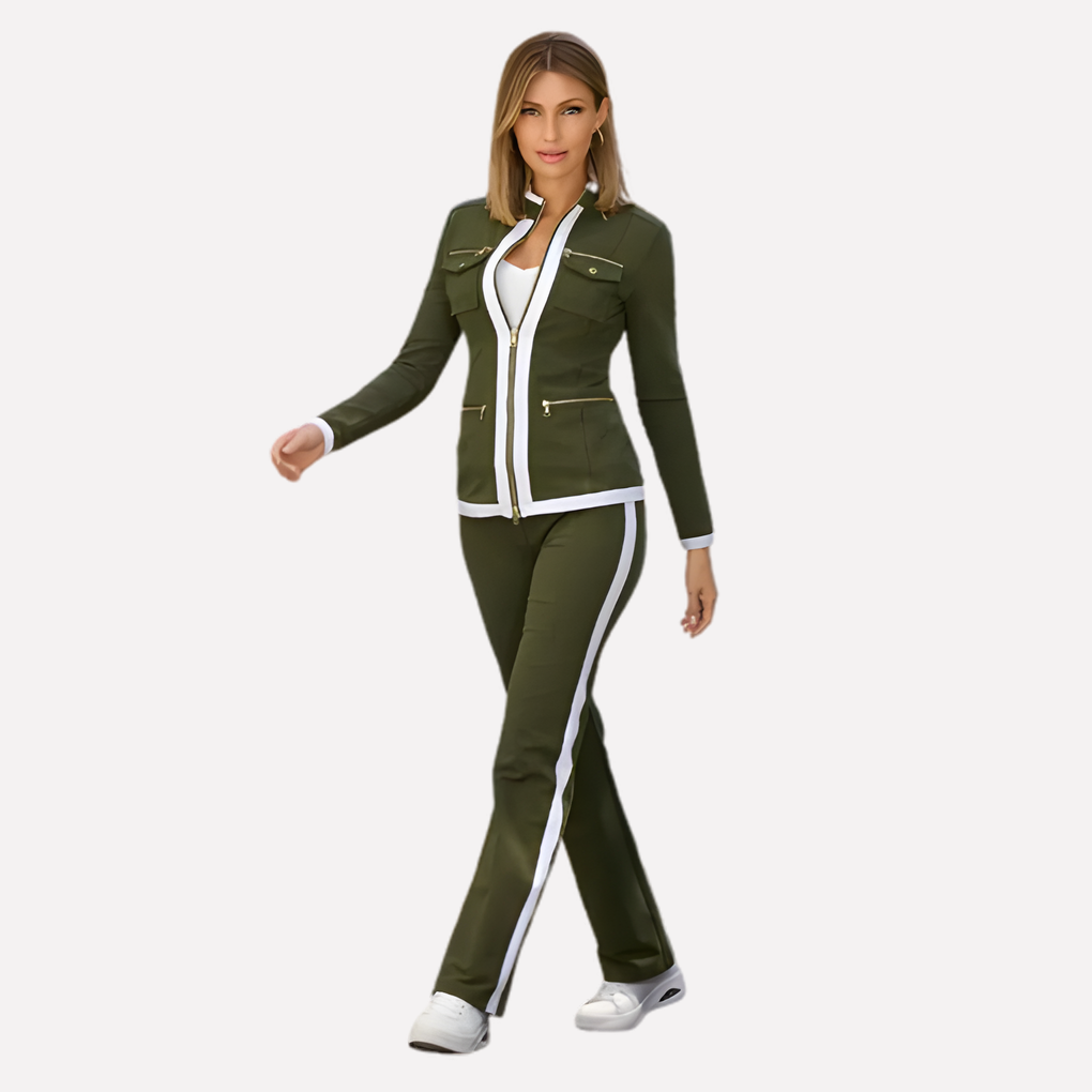 NOUVEAU RICHE Trainingsanzug Damen – Zweiteiliges Jogginganzug-Set mit Zipjacke & Hose, Kontrastpaspel, Stretch, 6 Farben, S-2XL – Roque Grün