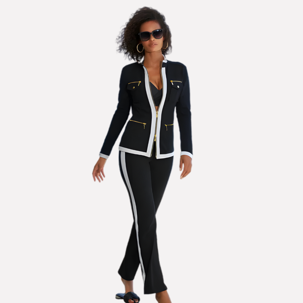 NOUVEAU RICHE Trainingsanzug Damen – Zweiteiliges Jogginganzug-Set mit Zipjacke & Hose, Kontrastpaspel, Stretch, 6 Farben, S-2XL – Roque Schwarz