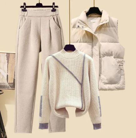 NOUVEAU RICHE 3-Teiliges Set Hose Dicke Weste Pullover Bequemer Stil Pullover in Beige und Weiß
